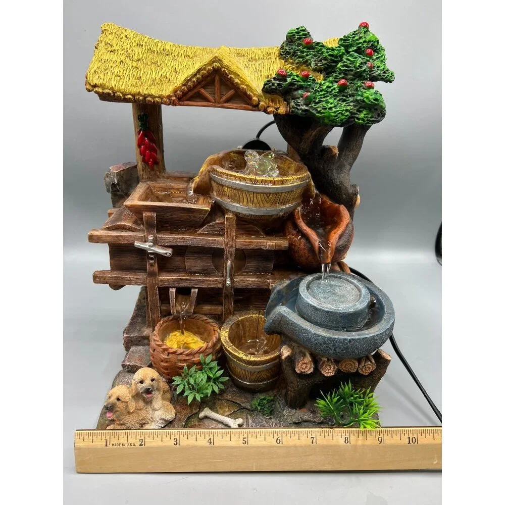 Rustic LED Tabletop Fountain With Water Mill, Dog Figurines & Tree Design 12x10